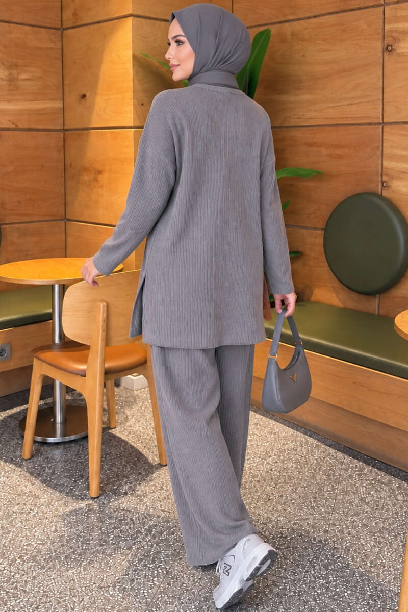 Ribbed Knit Two-Piece Set with Side Slit Hem Smoke - الصورة 4