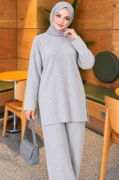 Alternative view of Ribbed Knit Two-Piece Set with Side Slit Hem Grey