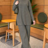 Ribbed Knit Two-Piece Set with Side Slit Hem Khaki - الصورة 3