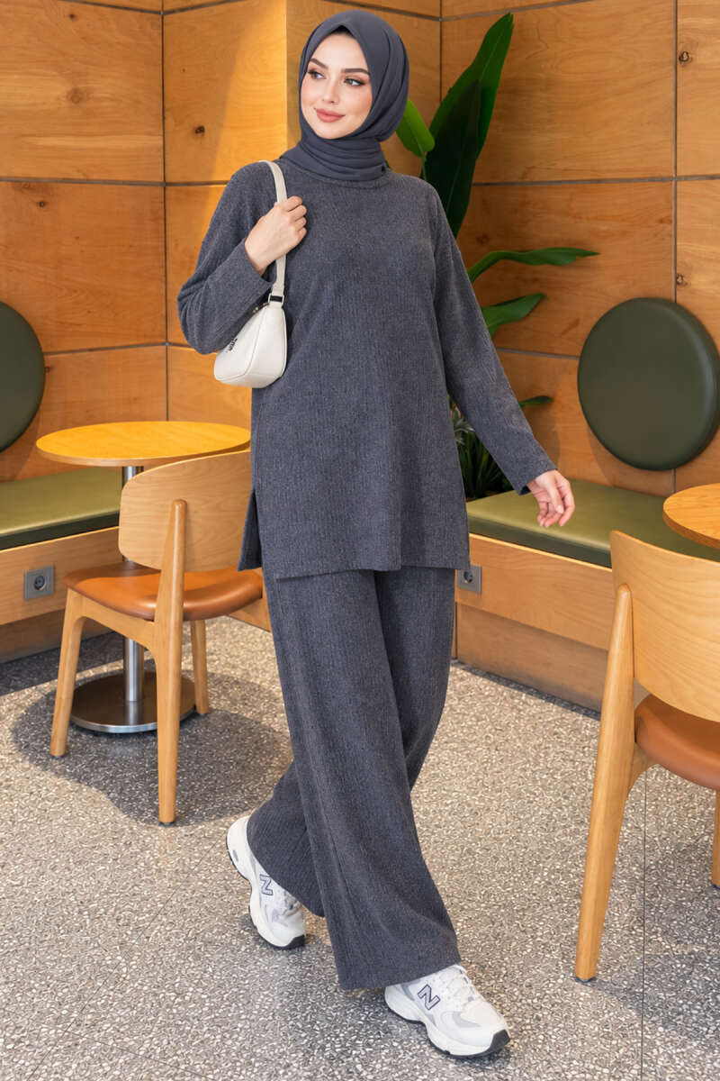 Ribbed Knit Two-Piece Set with Side Slit Hem Indigo