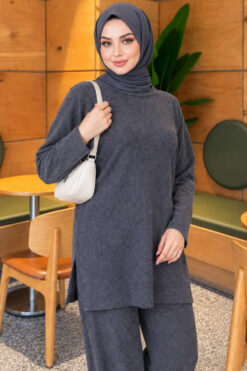 Alternative view of Ribbed Knit Two-Piece Set with Side Slit Hem Indigo
