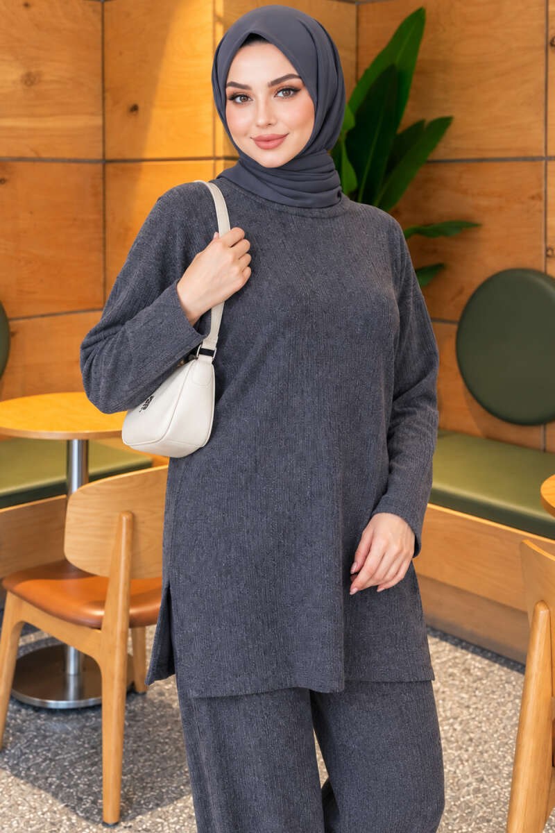 Ribbed Knit Two-Piece Set with Side Slit Hem Indigo - الصورة 2