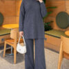 Ribbed Knit Two-Piece Set with Side Slit Hem Indigo - الصورة 3