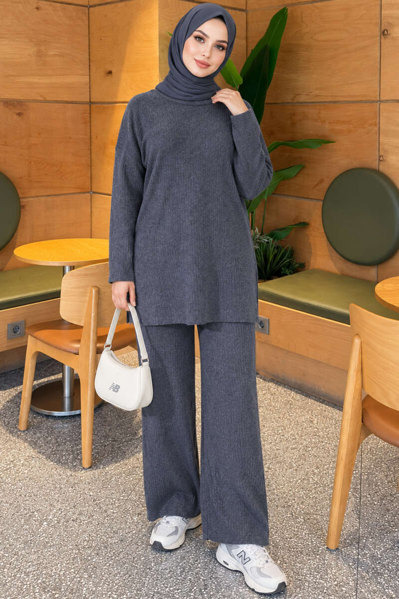 Ribbed Knit Two-Piece Set with Side Slit Hem Indigo - الصورة 3