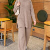 Ribbed Knit Two-Piece Set with Side Slit Hem Sand Beige