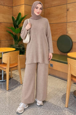 Alternative view of Ribbed Knit Two-Piece Set with Side Slit Hem Sand Beige
