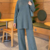 Ribbed Knit Two-Piece Set with Side Slit Hem Petrol