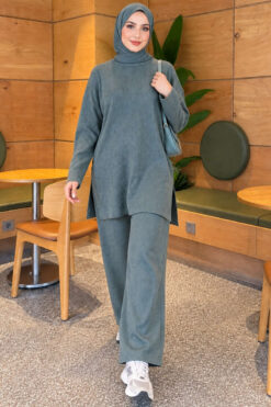 Alternative view of Ribbed Knit Two-Piece Set with Side Slit Hem Petrol
