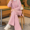 Ribbed Knit Two-Piece Set with Side Slit Hem Powder Pink – Image 2