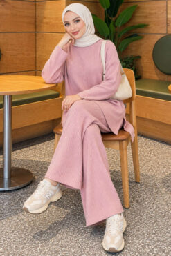 Alternative view of Ribbed Knit Two-Piece Set with Side Slit Hem Powder Pink
