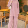 Ribbed Knit Two-Piece Set with Side Slit Hem Powder Pink – Image 3