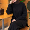 Ribbed Knit Two-Piece Set with Side Slit Hem Black – Image 2