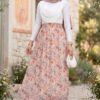 Floral Print Elastic Waist Chiffon Tulle Skirt with Hem Edge Cream