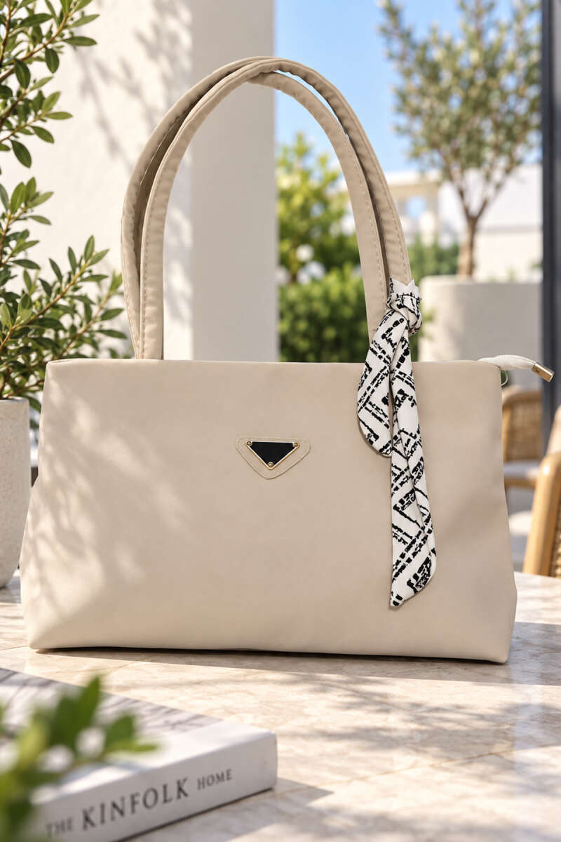 Women's Handbag with Scarf Detail and Embroidered Logo Cream