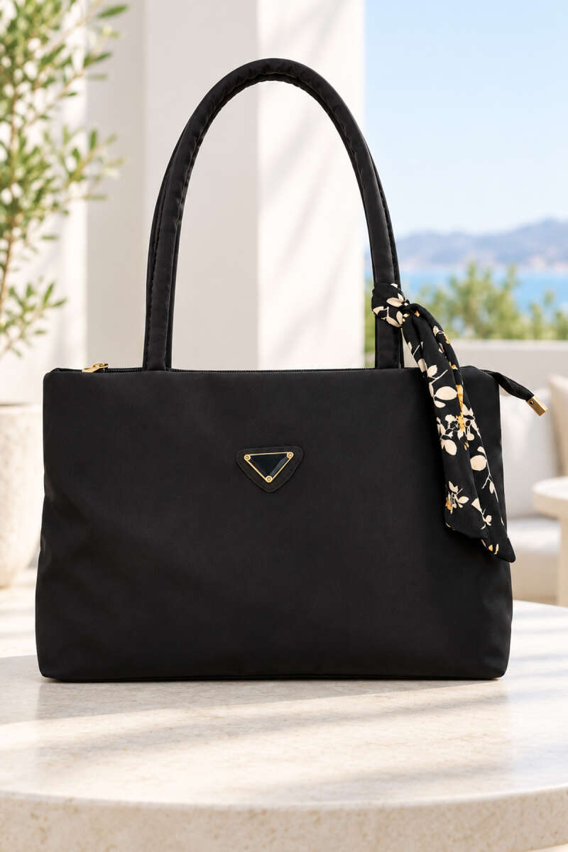 Women's Handbag with Scarf Detail and Embroidered Logo Black