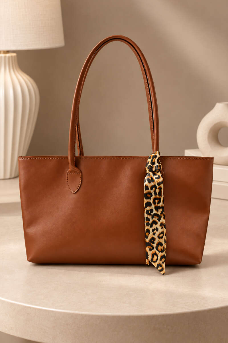 Square-shaped handbag with scarf detail Tan