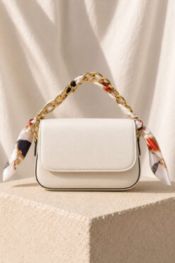 Rectangular Bag with Scarf and Chain Detail Cream