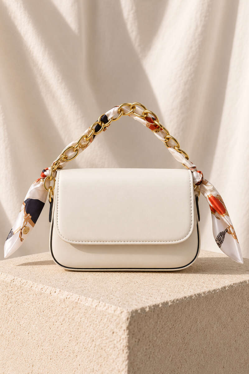 Rectangular Bag with Scarf and Chain Detail Cream