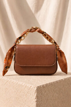 Rectangular Bag with Scarf and Chain Detail Tan