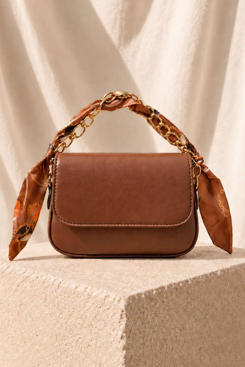 Rectangular Bag with Scarf and Chain Detail Tan
