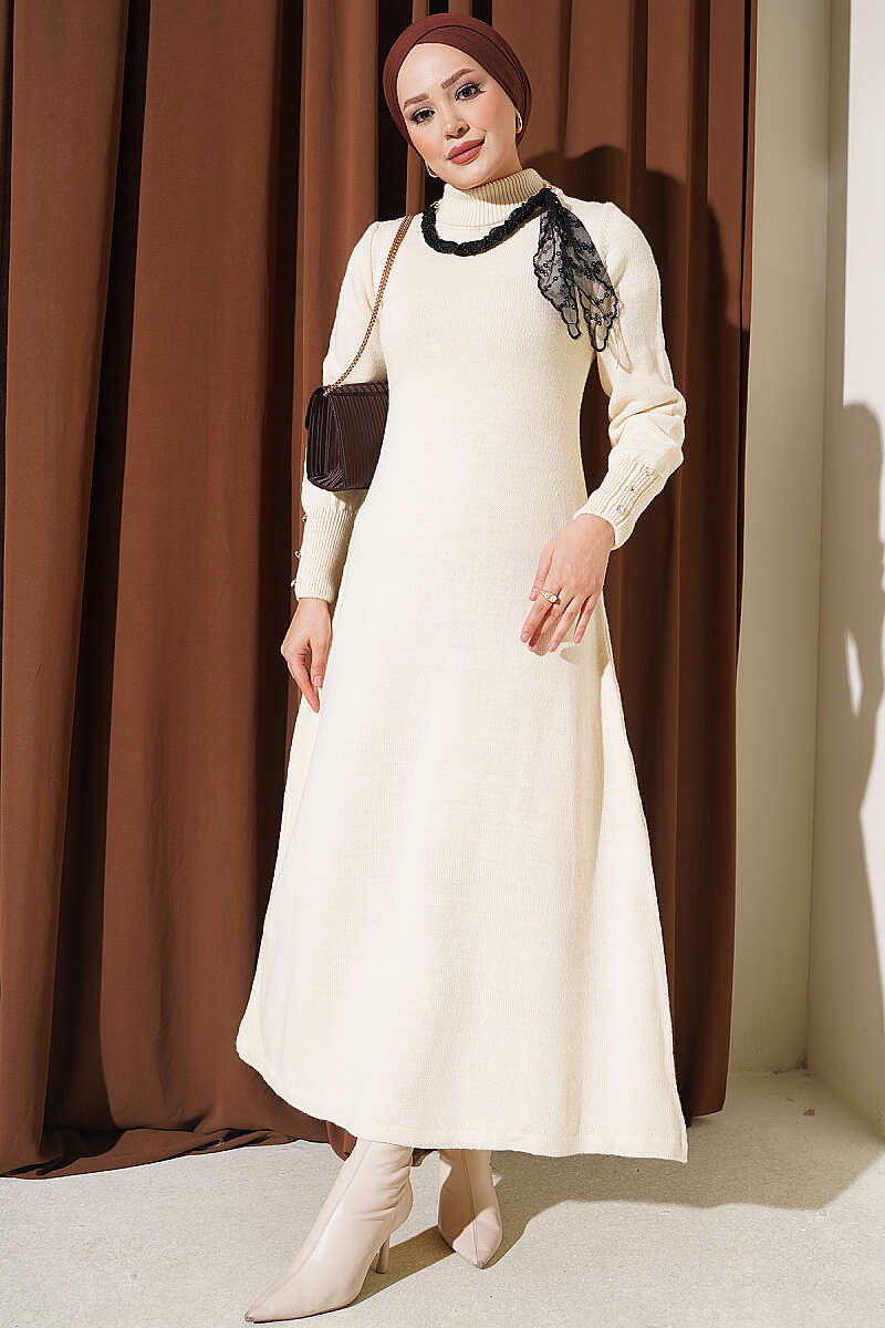 Shawl-Accent Knit Dress Beige