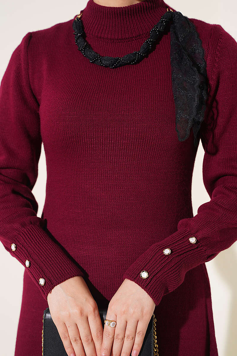 Shawl-Accent Knit Dress Burgundy – Bild 4