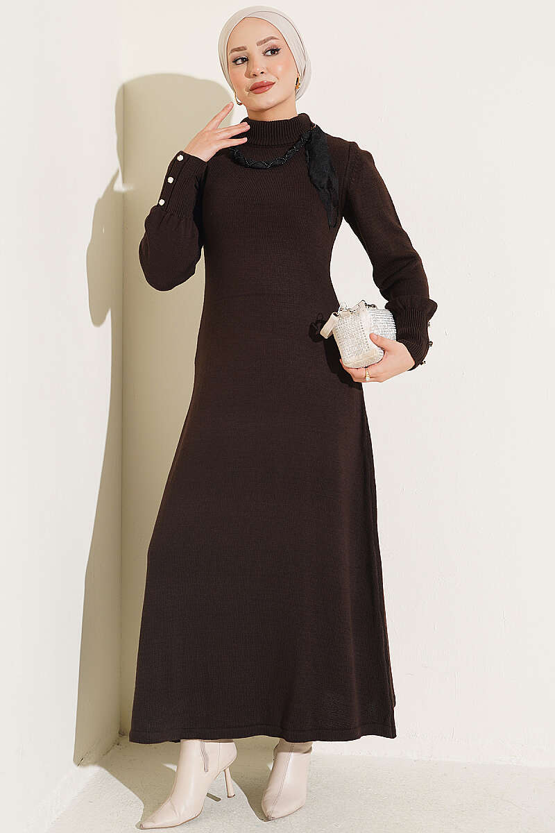 Shawl-Accent Knit Dress Brown