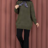 Polo Neck Knit Sweater with Scarf Detail Khaki