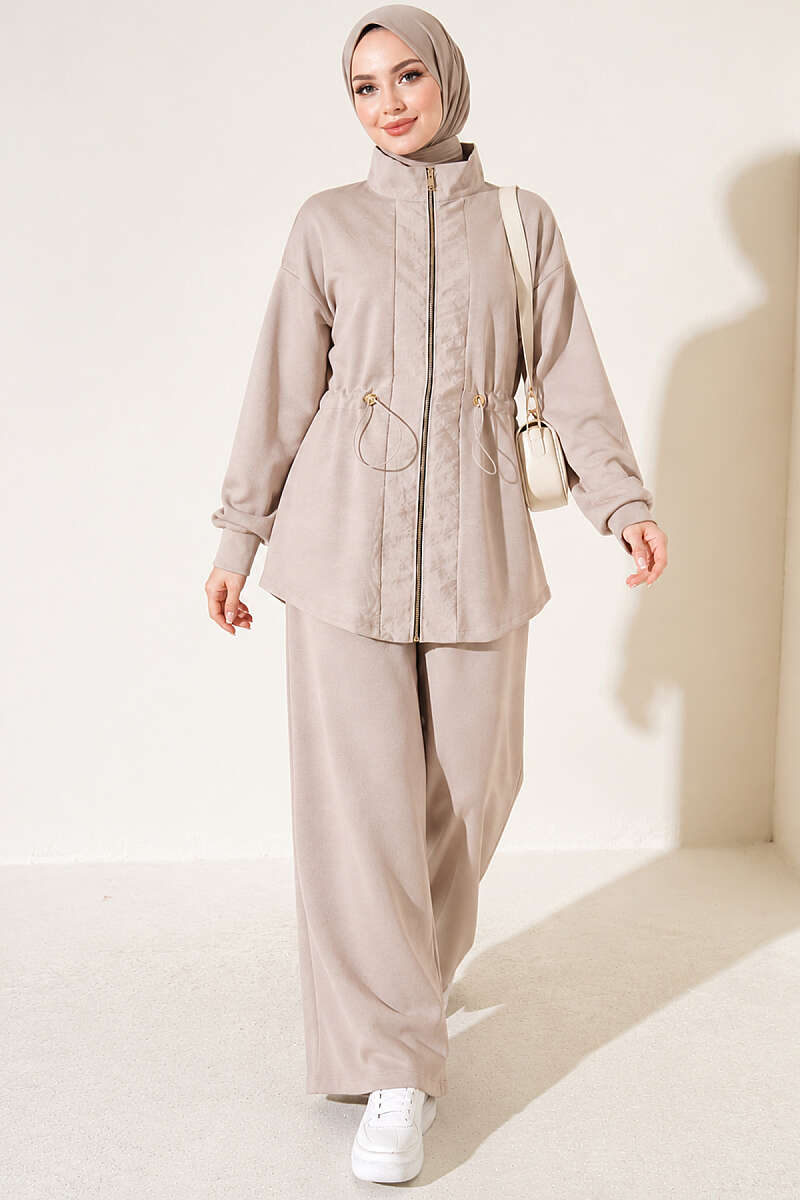 Knitted Waistband Tucked Lounge Set Beige – Bild 4