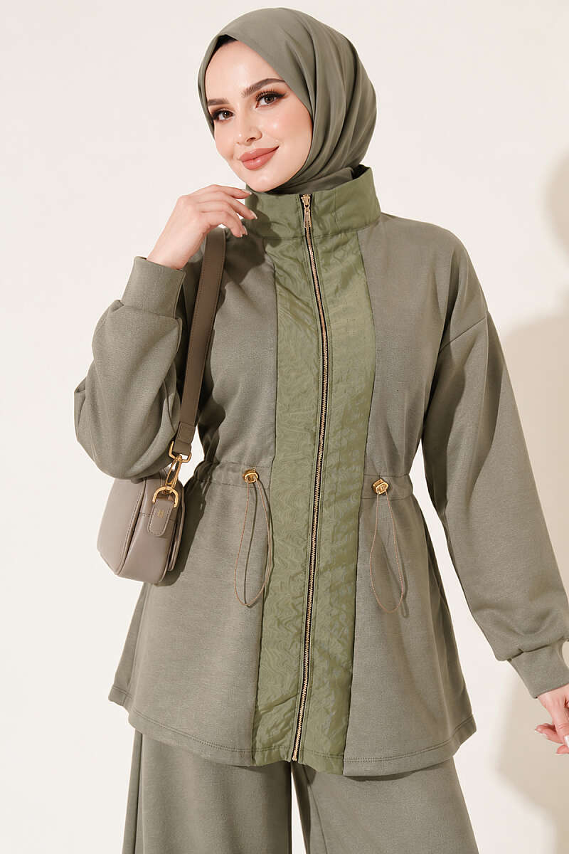 Knitted Waistband Tucked Lounge Set Khaki - الصورة 2