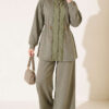 Knitted Waistband Tucked Lounge Set Khaki - الصورة 3