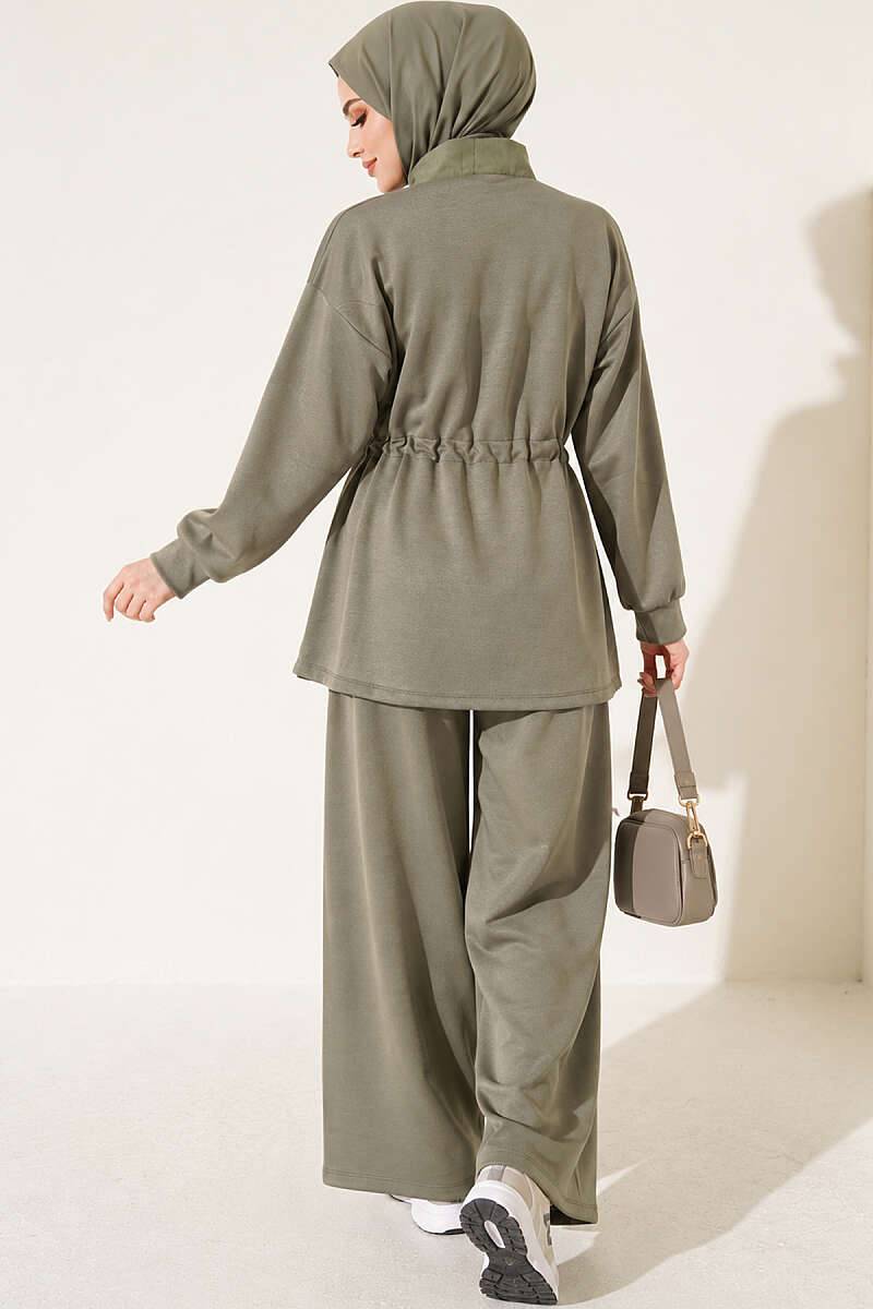 Knitted Waistband Tucked Lounge Set Khaki - الصورة 4