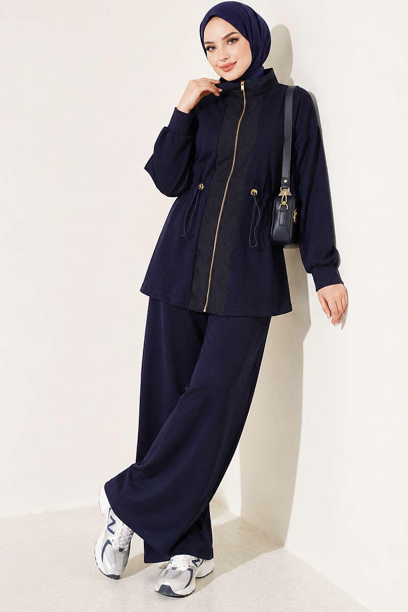 Knitted Waistband Tucked Lounge Set Navy Blue