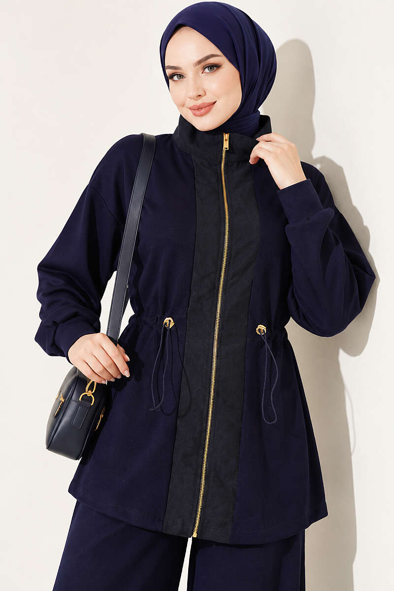 Knitted Waistband Tucked Lounge Set Navy Blue - الصورة 2