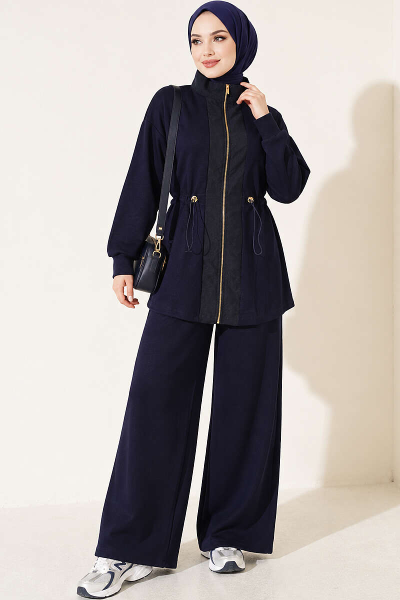 Knitted Waistband Tucked Lounge Set Navy Blue - الصورة 3