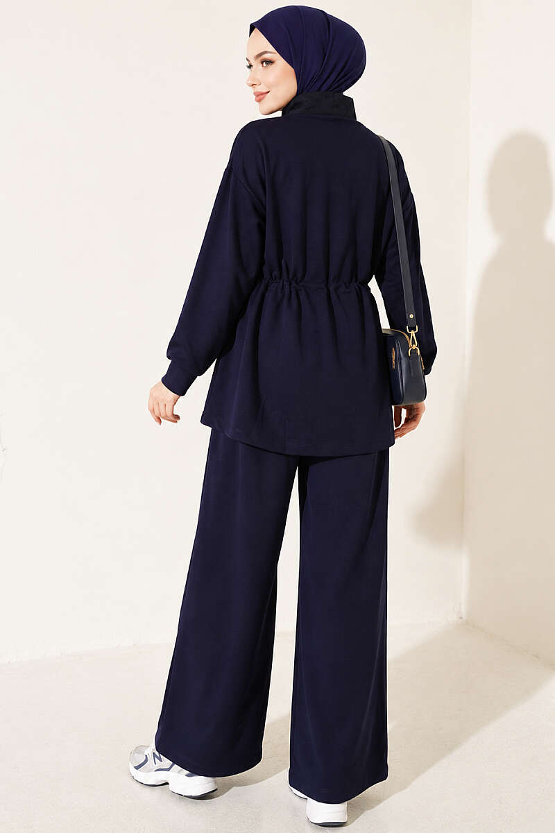 Knitted Waistband Tucked Lounge Set Navy Blue - الصورة 4