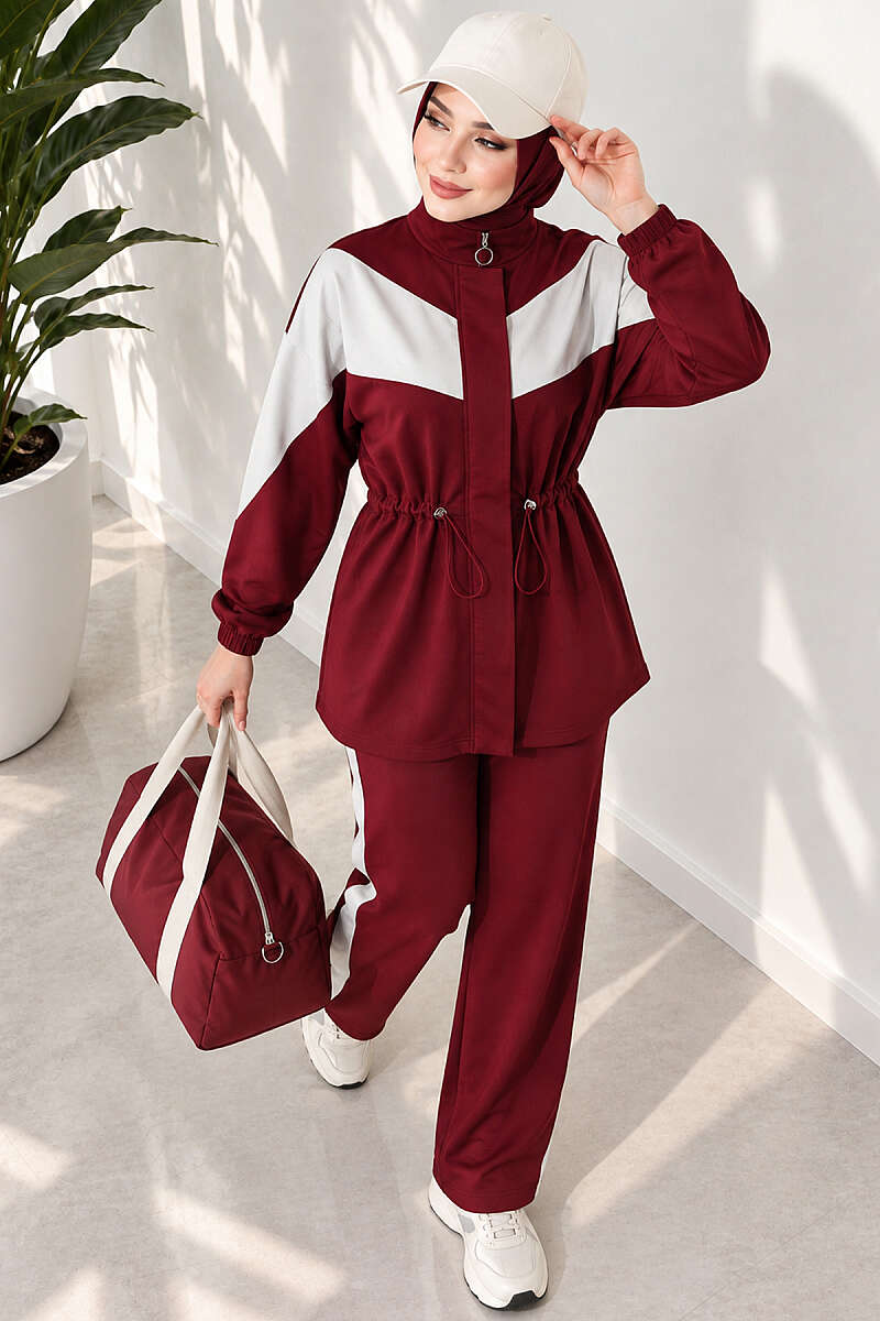 Cord-Trimmed Striped Two-Piece Set Burgundy