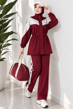 Alternative view of Cord-Trimmed Striped Two-Piece Set Burgundy
