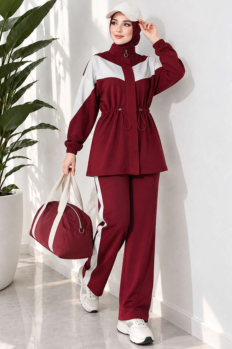 Cord-Trimmed Striped Two-Piece Set Burgundy - Imagen 2