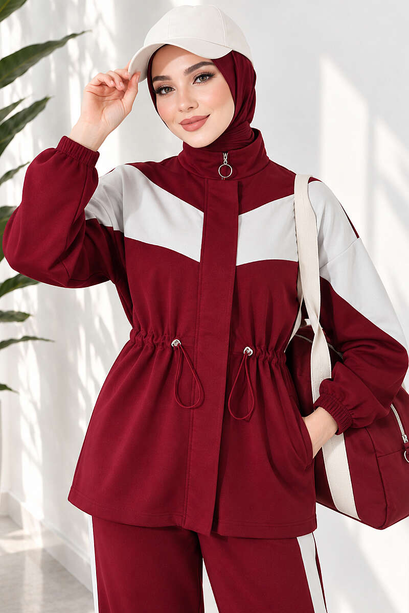 Cord-Trimmed Striped Two-Piece Set Burgundy - Imagen 3