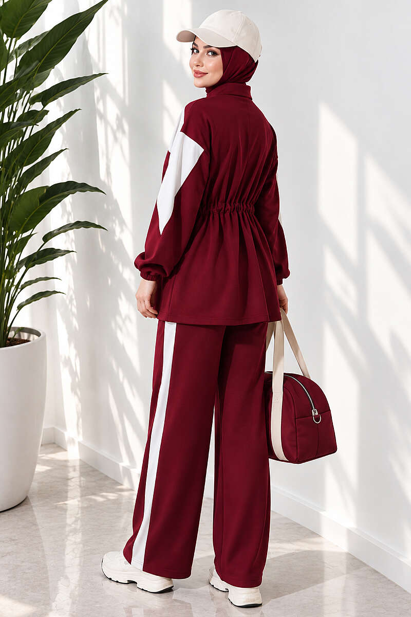 Cord-Trimmed Striped Two-Piece Set Burgundy - Imagen 4
