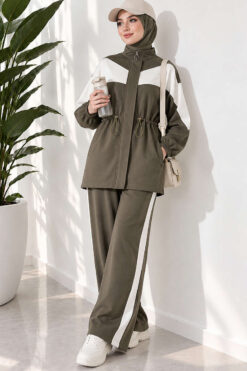 Alternative view of Cord-Trimmed Striped Two-Piece Set Khaki