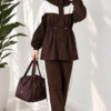 Cord-Trimmed Striped Two-Piece Set Brown - Afbeelding 2