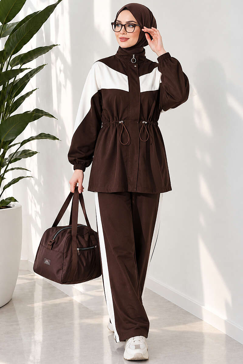 Cord-Trimmed Striped Two-Piece Set Brown - Afbeelding 2