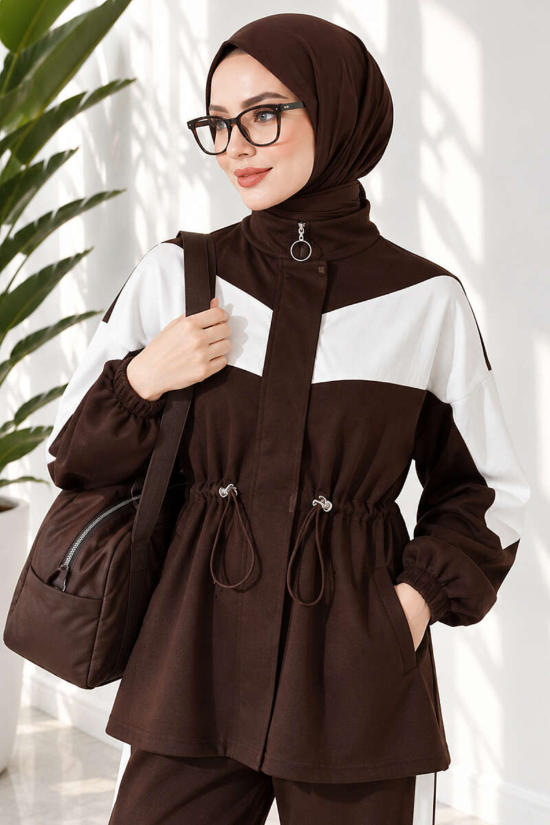 Cord-Trimmed Striped Two-Piece Set Brown - Afbeelding 3