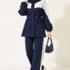 Cord-Trimmed Striped Two-Piece Set Navy Blue