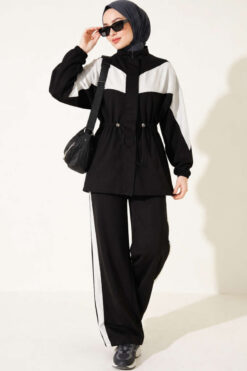 Alternative view of Cord-Trimmed Striped Two-Piece Set Black