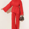 Wide-Sleeve French Terry Two-Piece Set with Belt Red