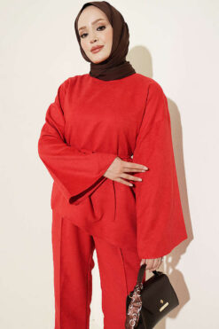 Alternative view of Wide-Sleeve French Terry Two-Piece Set with Belt Red