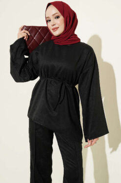 Alternative view of Wide-Sleeve French Terry Two-Piece Set with Belt Black